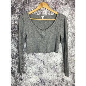 Colsie Soft Light Gray Lettuce Edge Long-Sleeve Cropped Top Blouse Women Size M